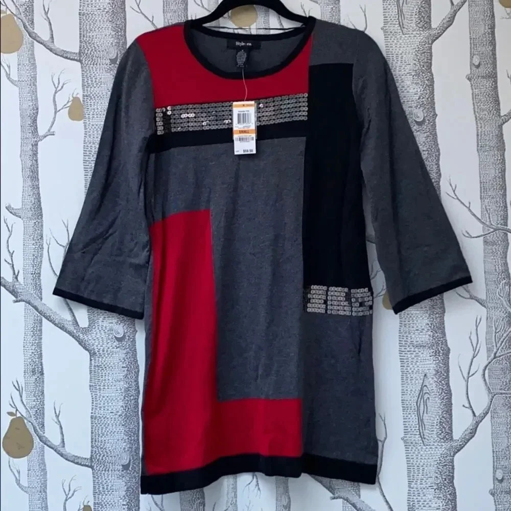 Style & Co Y2K Block Sequin Quarter Flare Sleeve Red Gray Sweater NWT Size S